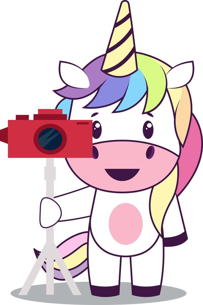 Unicorn with camera, illustration, vector on white background.