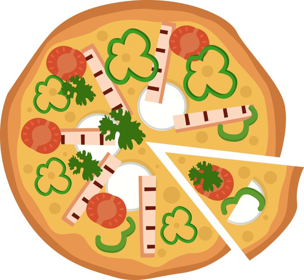 Vector illustration of a pizza with one slice cut on a white background