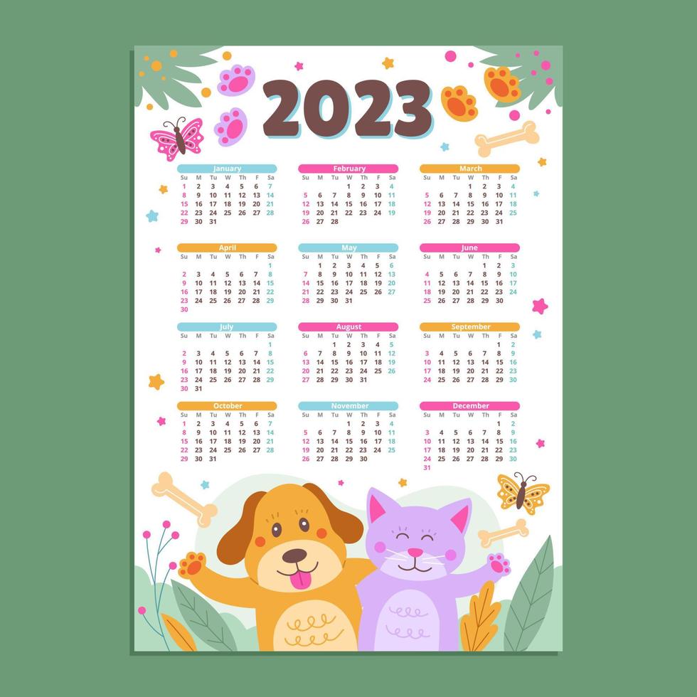 Cute Happy Animal Calendar 2023 Template vector