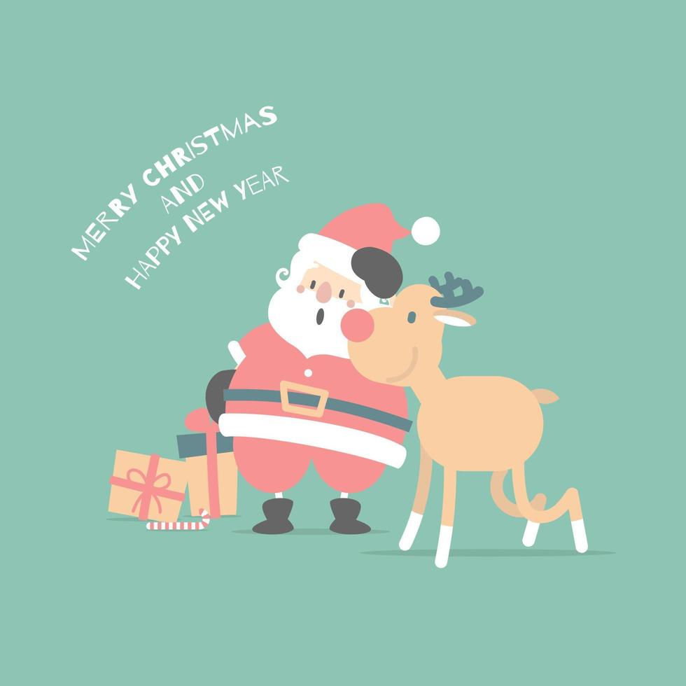 merry christmas and happy new year with cute santa claus and reindeer in the winter season, flat vector illustration cartoon character costume design