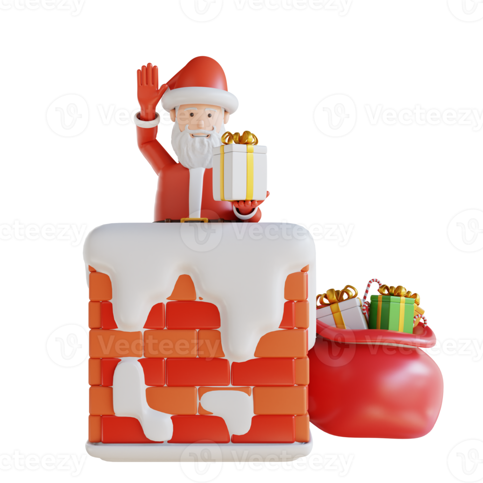 3D-Darstellung Santa Der Weihnachtsmann bringt eine Geschenkbox in den Schornstein png