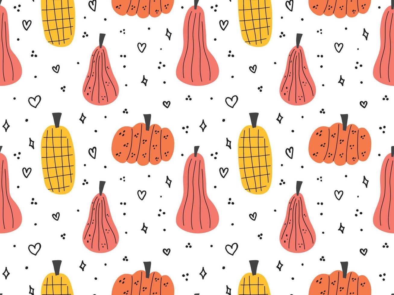 seamless pattern background with hand drawn pumpkin doodle set. Different pumkin gourd decorated with lines, dots, hearts scribble. Simple autumn fall design. Thanksgiving, Halloween children vector
