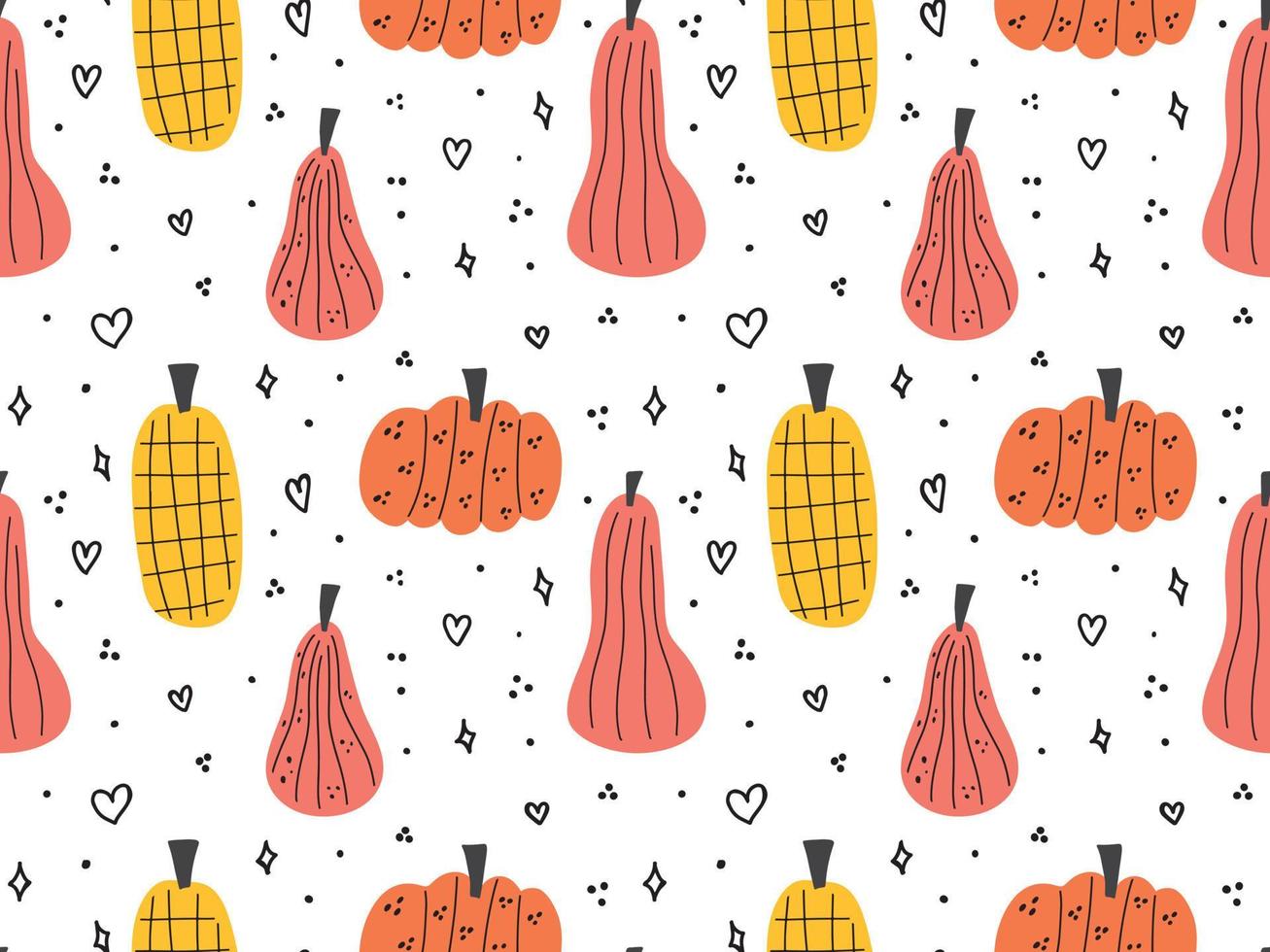 fondo transparente con conjunto de garabatos de calabaza dibujados a mano. calabaza de calabaza diferente decorada con líneas, puntos, garabatos de corazones. diseño simple de otoño. acción de gracias, niños de halloween vector