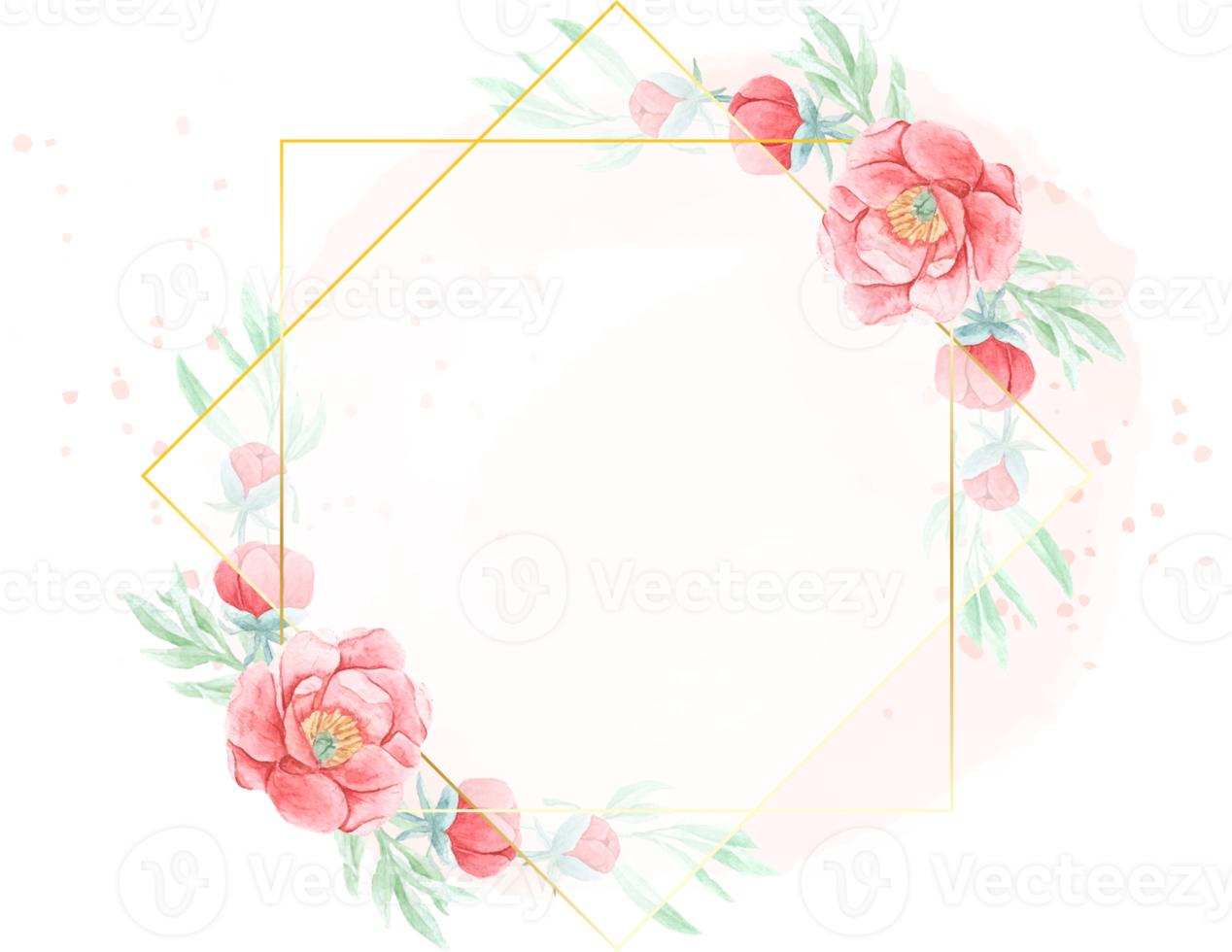 watercolor red peony with round golden wreath frame png