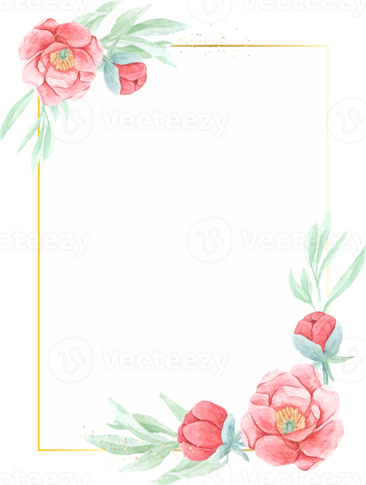 watercolor red peony with round golden wreath frame png