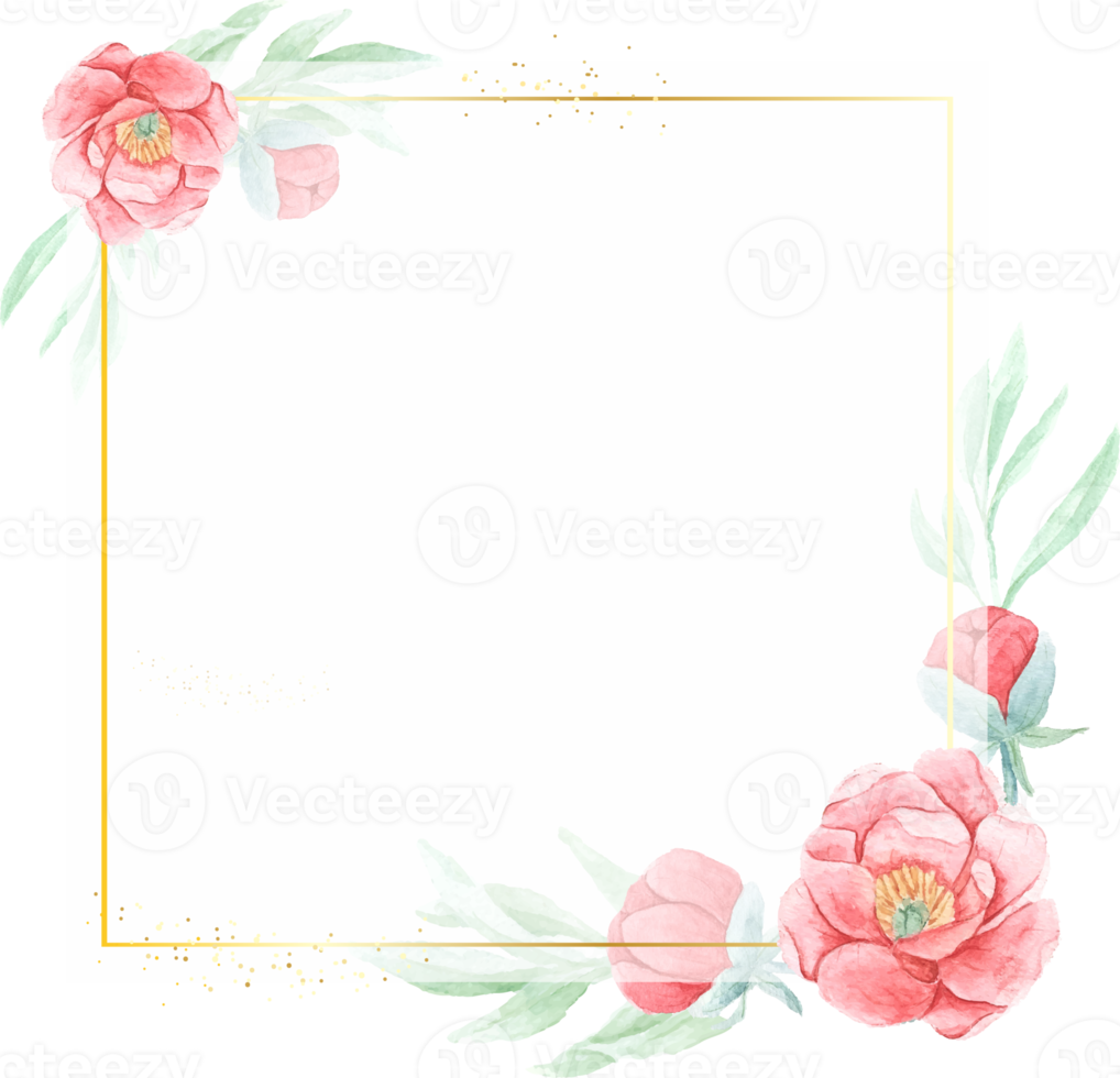 watercolor red peony with round golden wreath frame png
