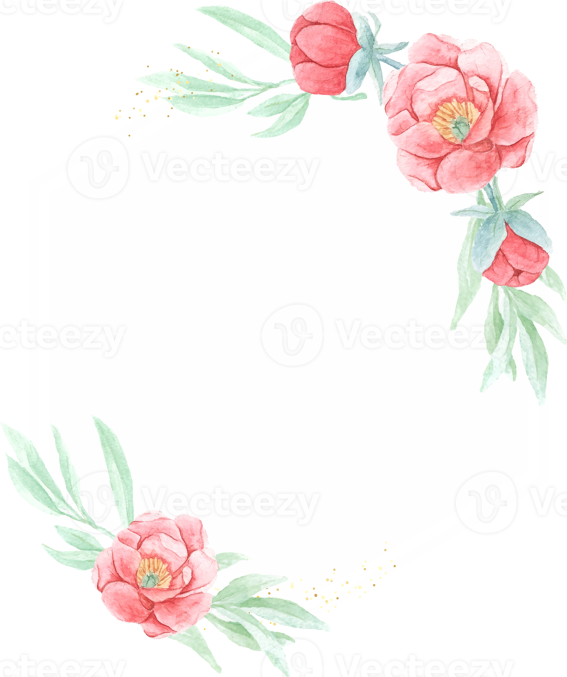 watercolor red peony with round golden wreath frame png