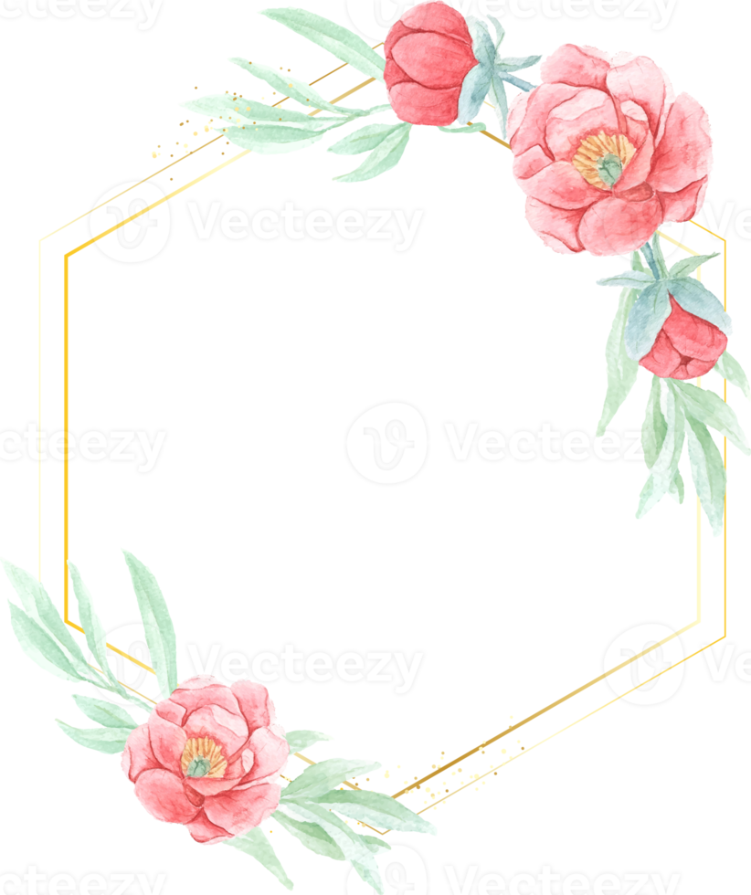 peônia vermelha aquarela com moldura redonda de grinalda dourada png
