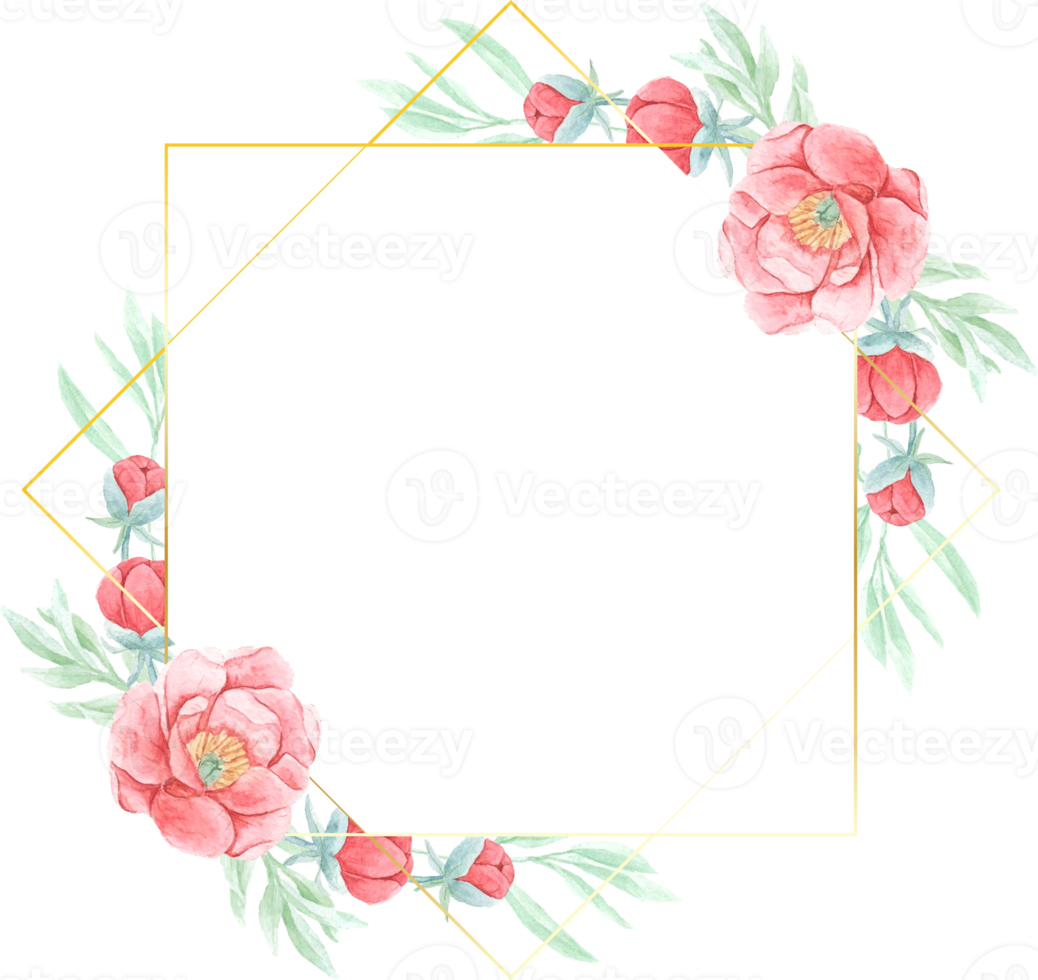 watercolor red peony with round golden wreath frame png