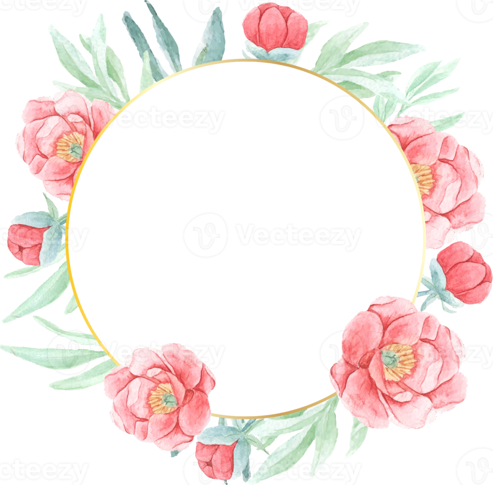 watercolor red peony with round golden wreath frame png