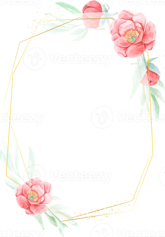watercolor red peony with round golden wreath frame png