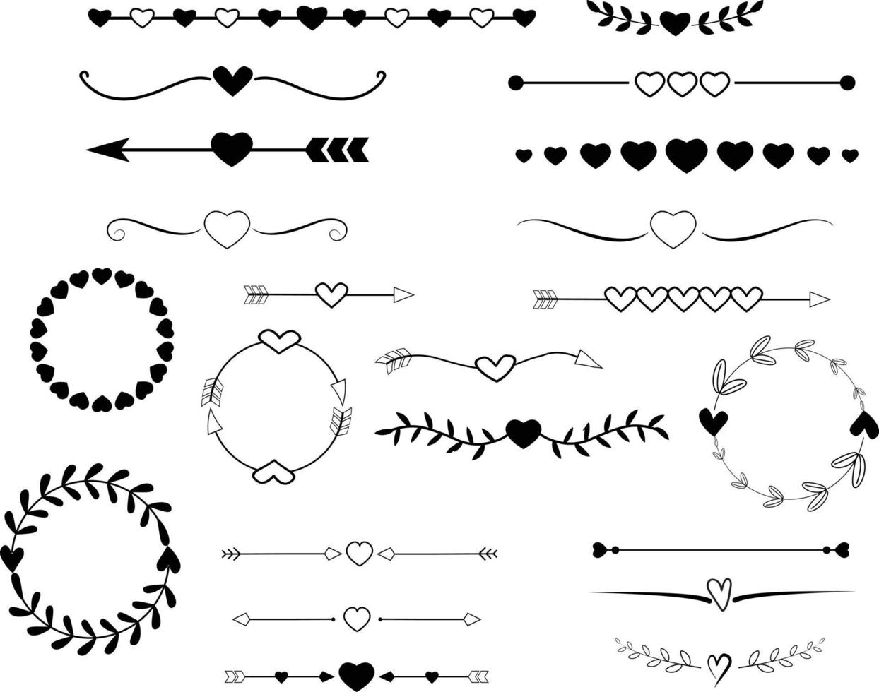 bordes antiguos y elementos de desplazamiento sobre fondo blanco. conjunto de divisores. elegante signo divisor de página de corazón adornado. estilo plano vector