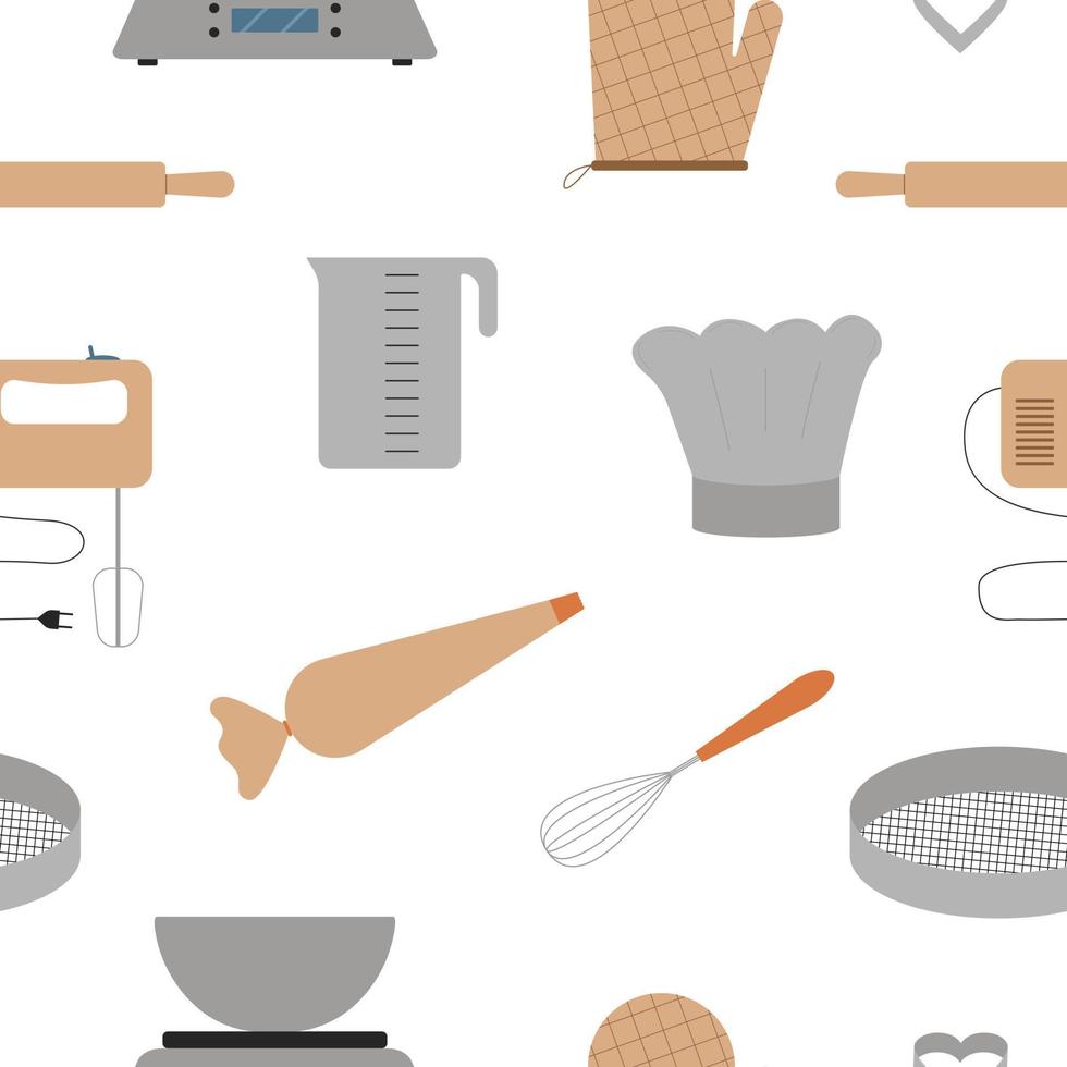 Seamless pattern with baking tools. Cooking equipment. Flat style. Vector illustration