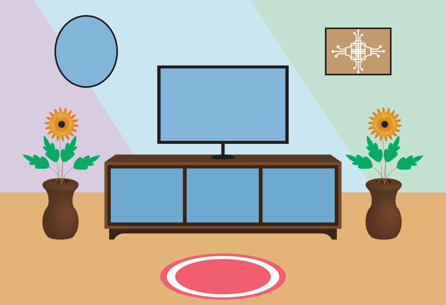 Home interior elements set, wooden furniture set, Flower Tub, Television, Tv Showcase flat vector, bedroom decoration elements vector