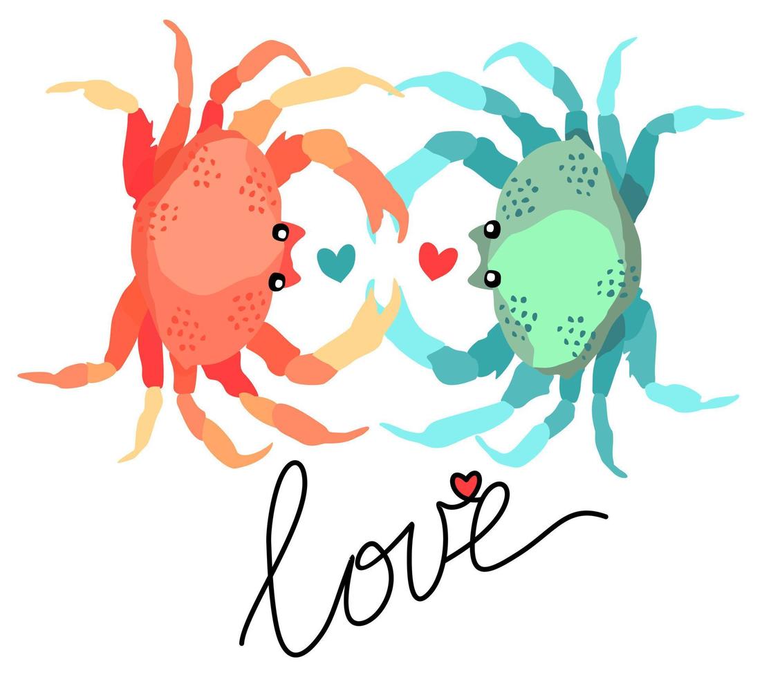 Love. Two crabs, red and blue. Love concept with hearts and lettering. vector