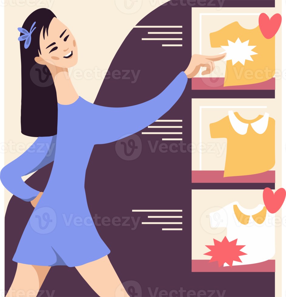 A young woman is shopping on the internet in an online store. png