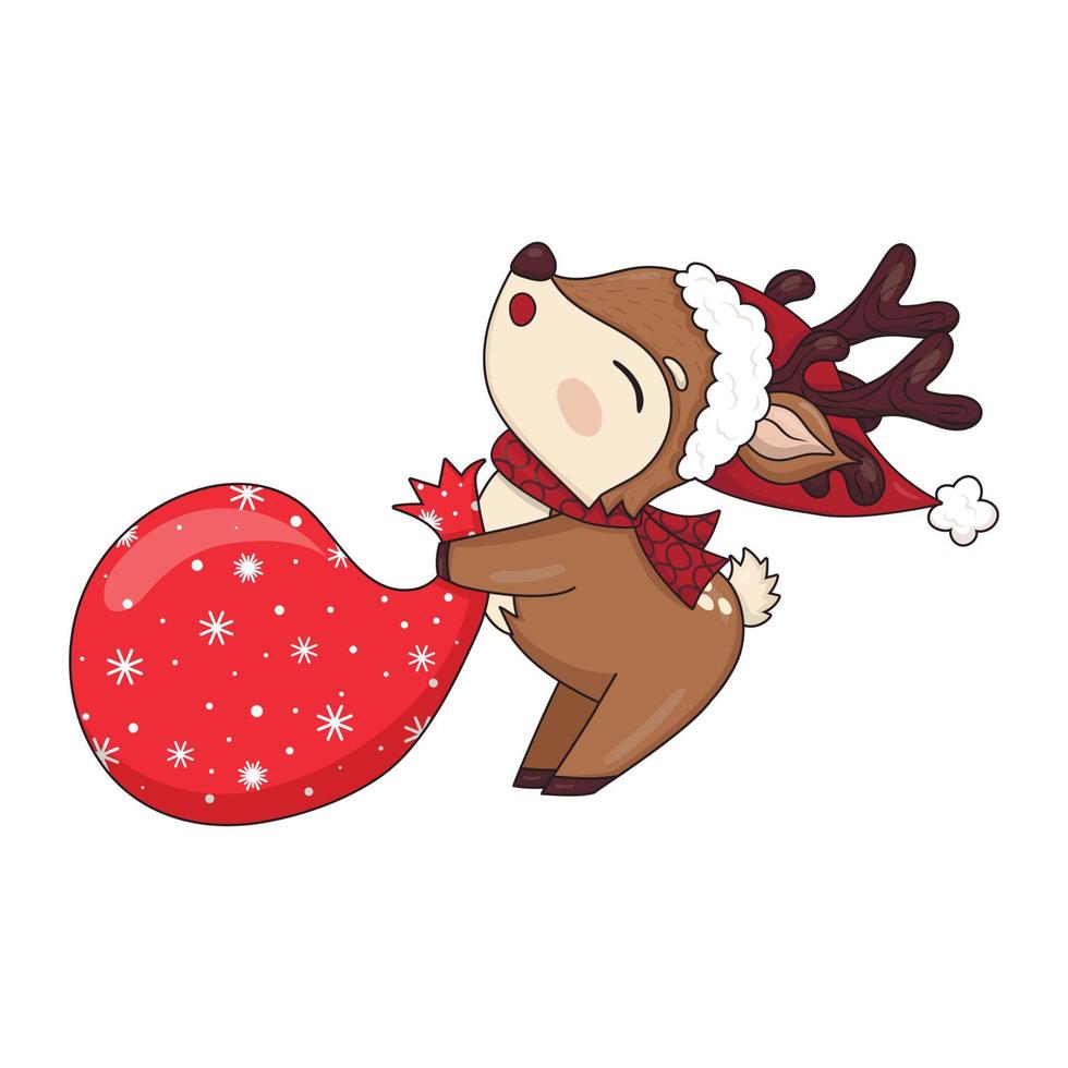 Cute reindeer in a santa hat dragging a bag with gifts vector