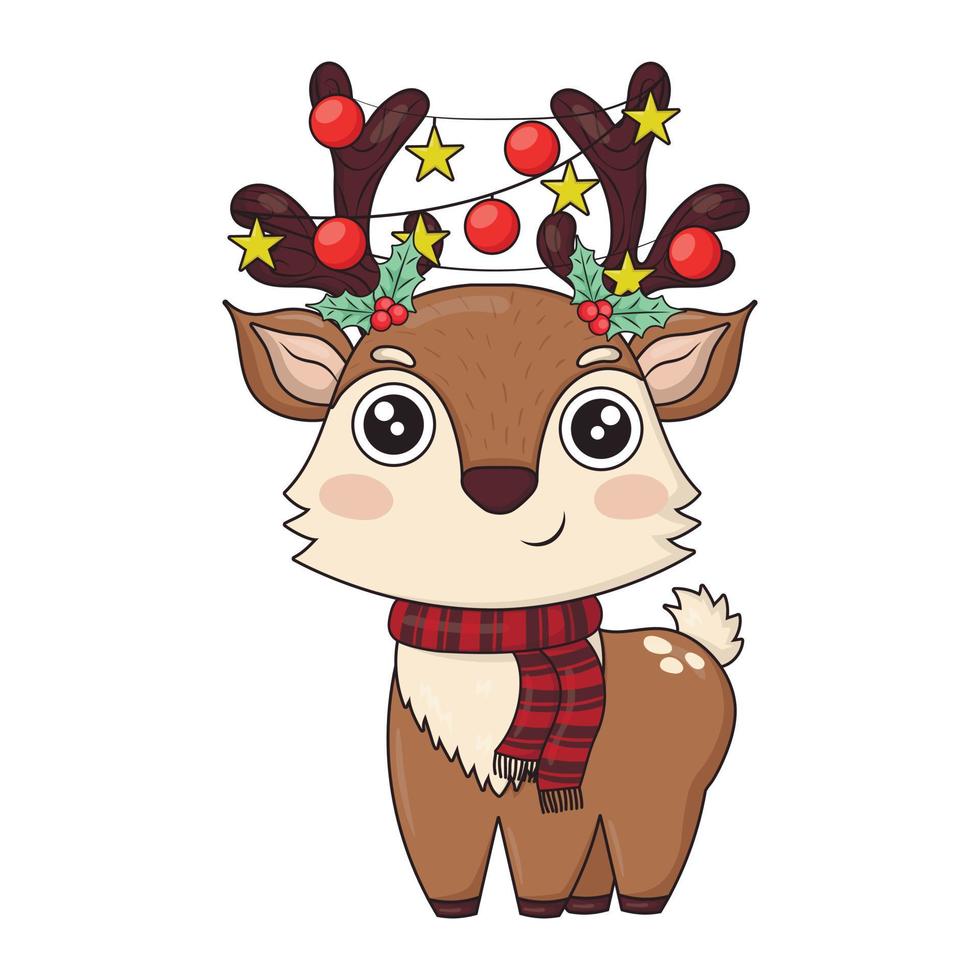 Cute reindeer with holly in antlers vector