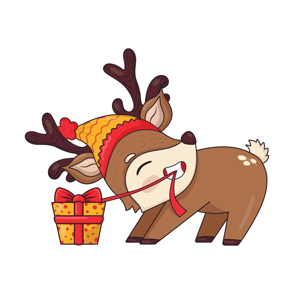 Cute reindeer in a knitted hat trying to open a Christmas present vector