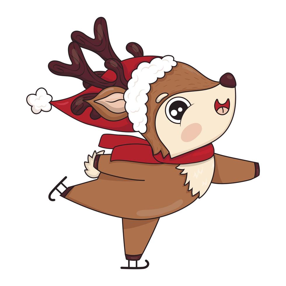 Cute reindeer in santa hat is skating vector