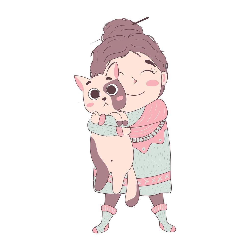 cute cartoon doodle girl in a voluminous ugly hygge sweater with a bun on her head will hug a cat vector