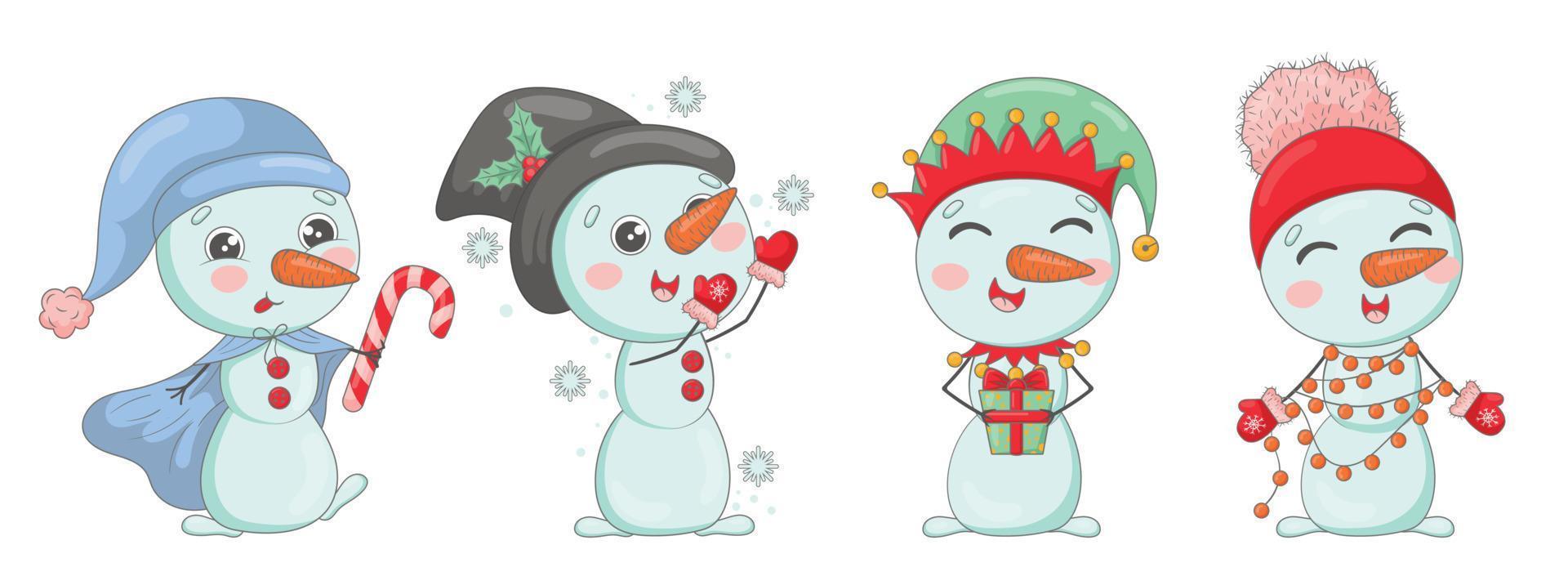 paquete de lindos muñecos de nieve de dibujos animados con sombreros de punto y bufandas con regalos de navidad, copos de nieve, acebo, vestidos como personajes de año nuevo vector