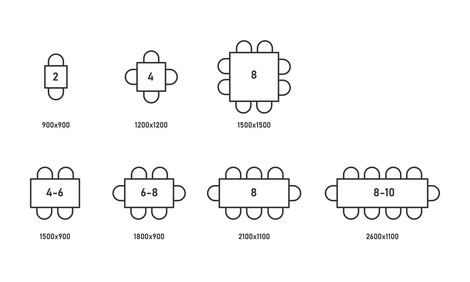 Rectangle tables with sizes line icon set. Top view scheme. Vector illustration