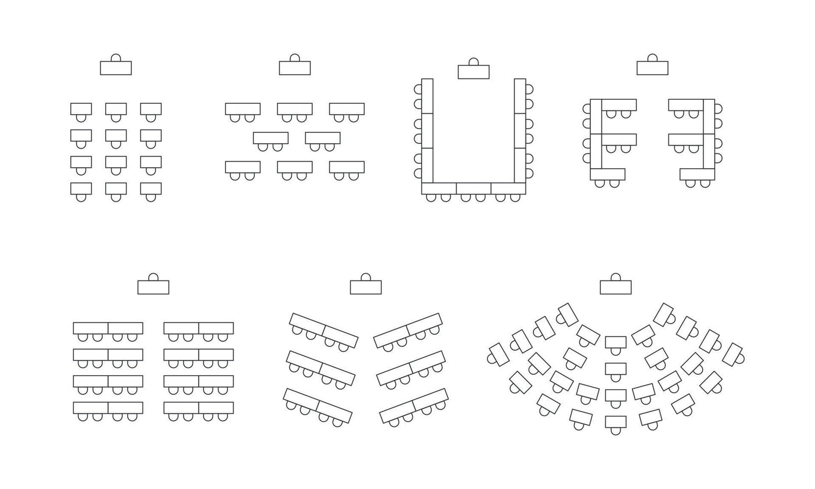 conjunto de asientos de plano en el restaurante o en la vista superior de la casa. iconos de línea de sillas y mesas. esquema, anteproyecto, plan arquitectónico. Ilustración vectorial sobre fondo blanco vector