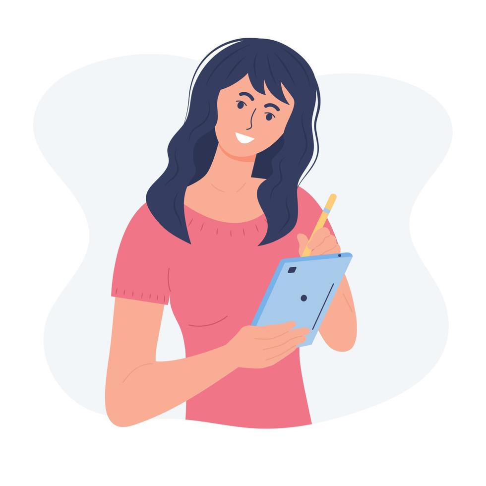 Woman with tablet. Female character writing with a digital pencil on a tablet. Girl graphic designer, illustrator, digital artist or freelancer drawing with a stylus pen on a tablet. vector