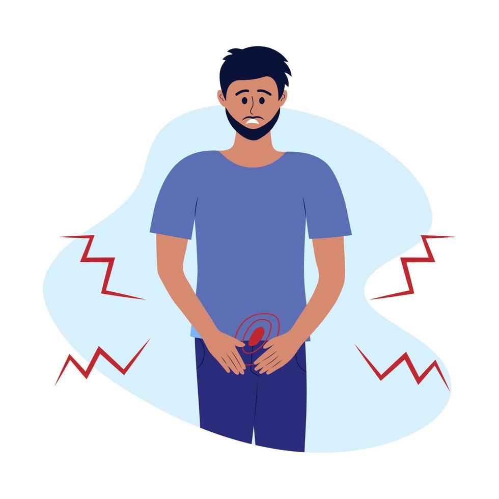 hombre con dolor en la parte inferior del abdomen, en la vejiga. el personaje masculino sufre de prostatitis, cistitis, dolor en el sistema urinario, incontinencia urinaria, uretritis. vector