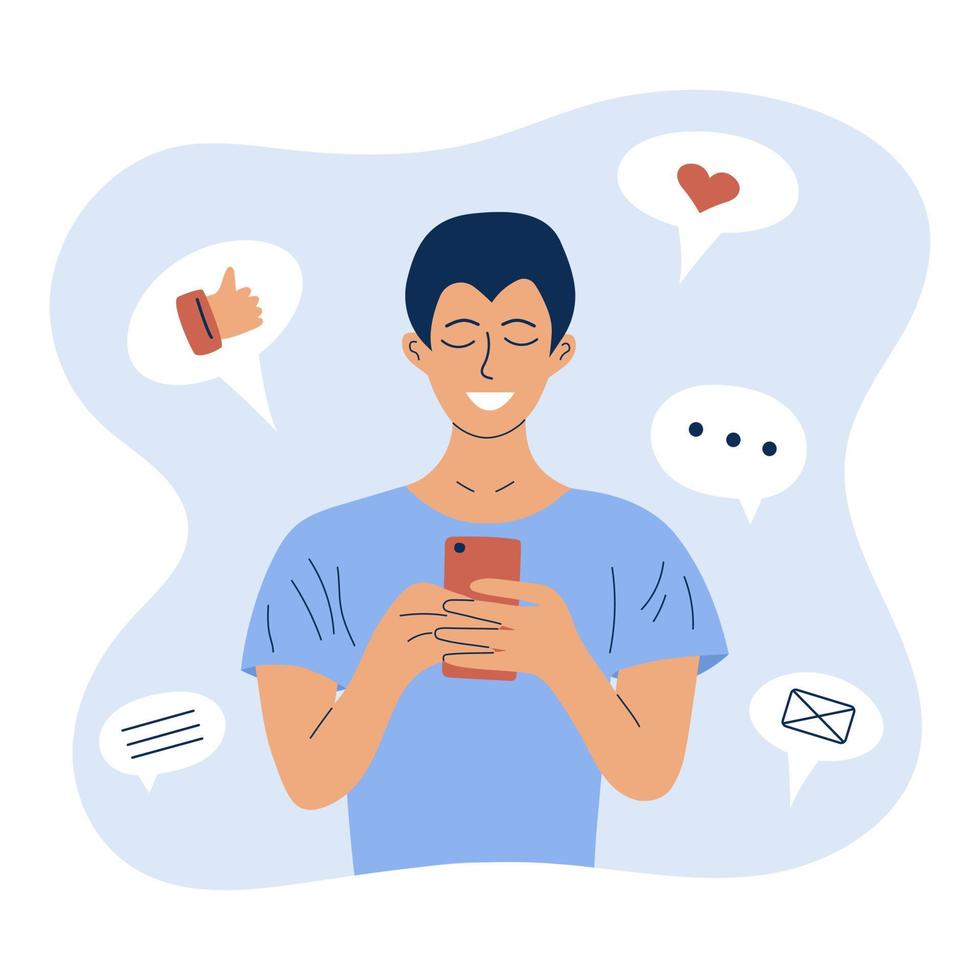 Young happy man using a smartphone and chatting. Communication, mobile, conversation, social networks concept. Person and gadget. Social media influence and addiction. vector