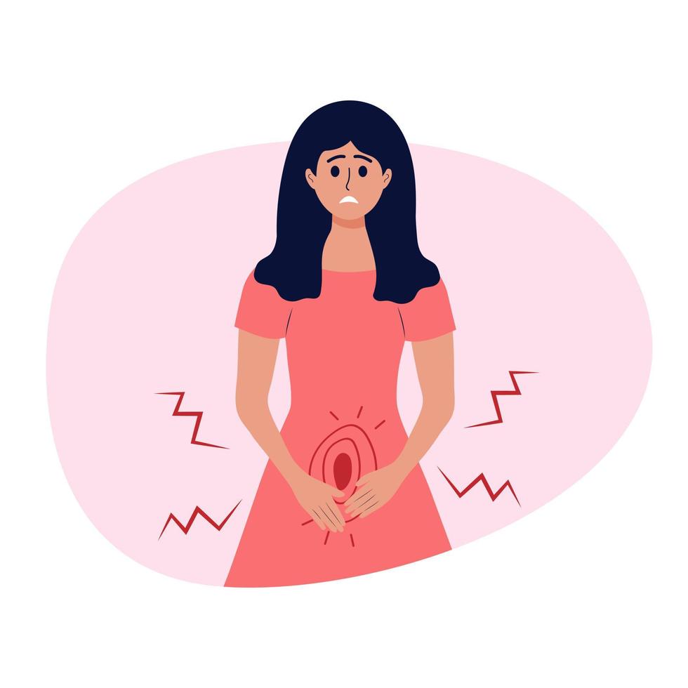 Sad woman holding her hands in the lower abdomen. Female character suffers from bladder disease, cystitis, urethritis, pain during menstruation, incontinence or other problems of the urethra. vector