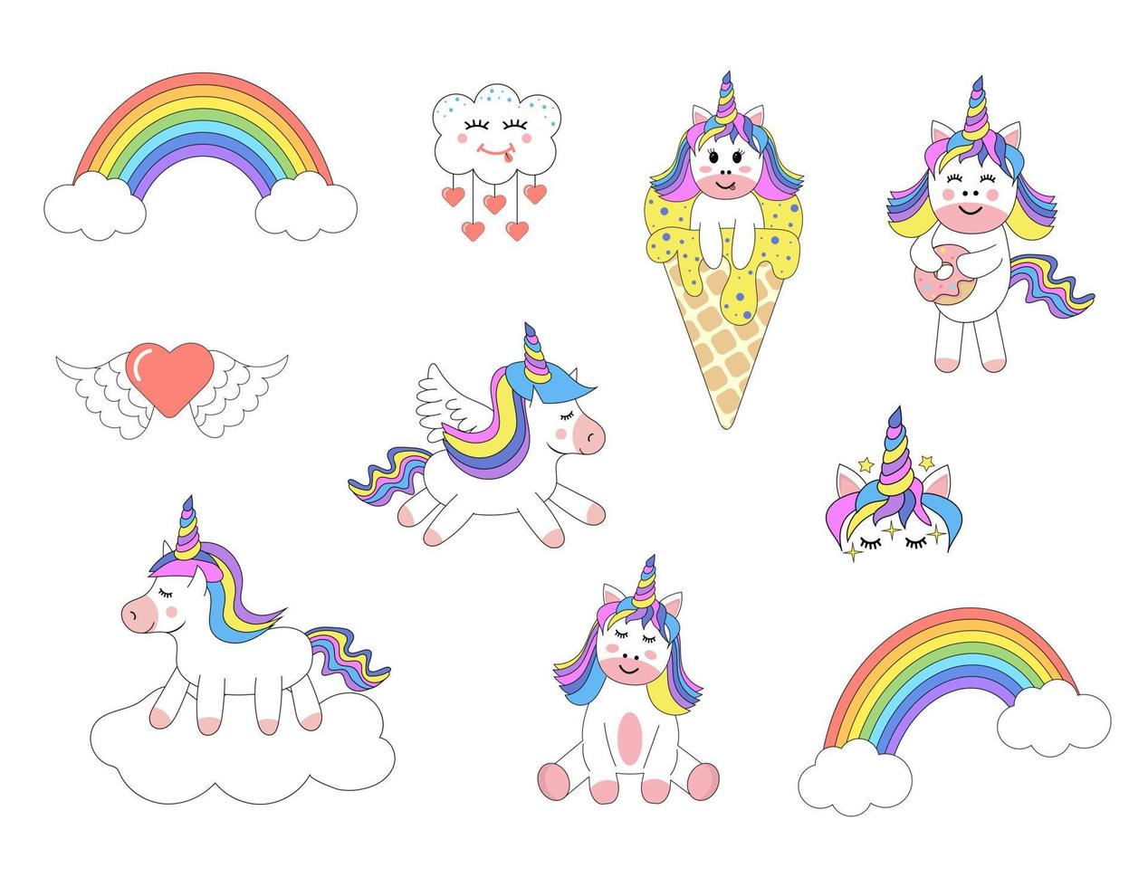 lindos unicornios, arco iris, juego de nubes. personajes kawaii mágicos. diseño para pegatinas, tarjetas, afiches, camisetas, invitaciones, baby shower, cumpleaños, decoración de habitaciones. vector