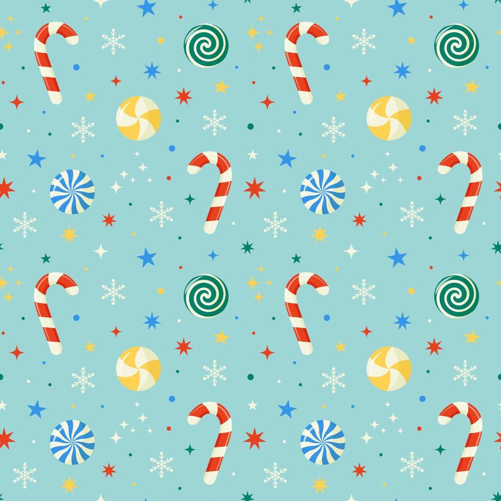 Sweet candies, christmas candy canes, snowflakes and stars seamless pattern. Happy New Year and Merry Xmas background. vector