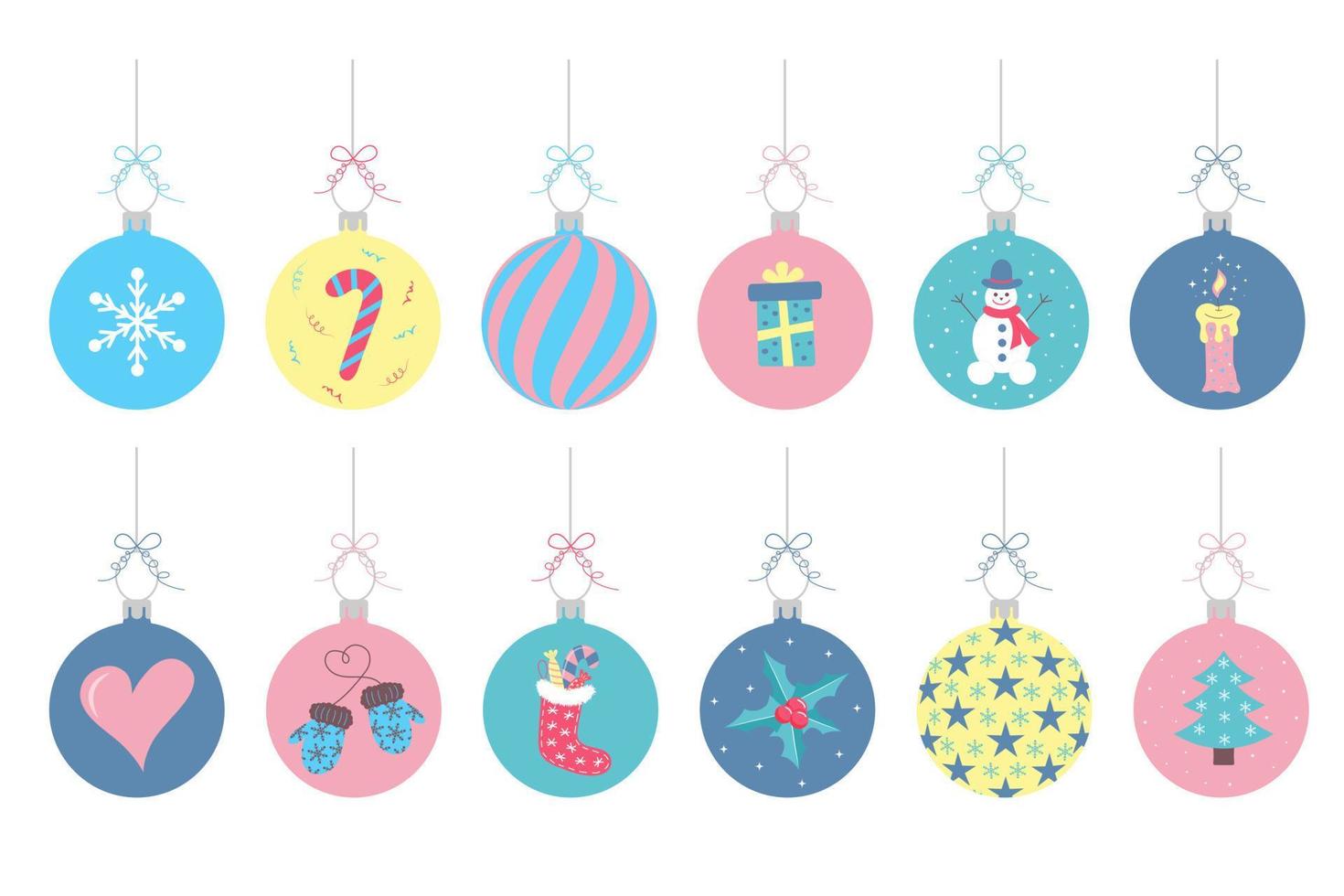 Christmas balls set. New Year baubles with different patterns. vector