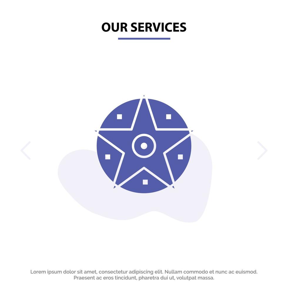 nuestros servicios pentáculo proyecto satánico estrella icono de glifo sólido plantilla de tarjeta web vector