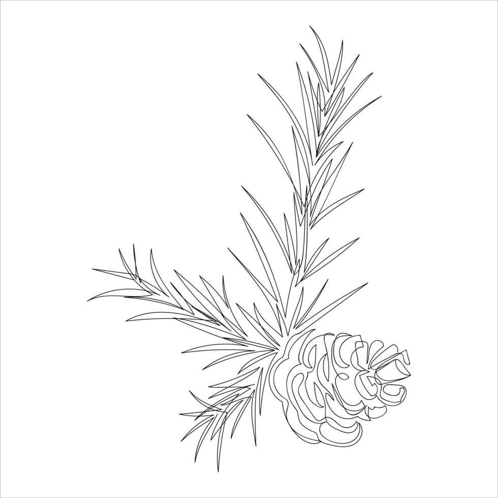 Christmas tree branches with a corn drawn in doodle style. Sketch. Continuous line drawing botanical art. Vector illustration in one line.