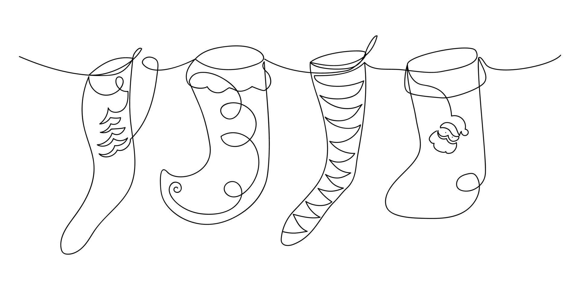 Hanging different funny Christmas socks in doodle style. Holiday sketch. Continuous line drawing art. Minimal. Cute vector illustration drawn by one line.