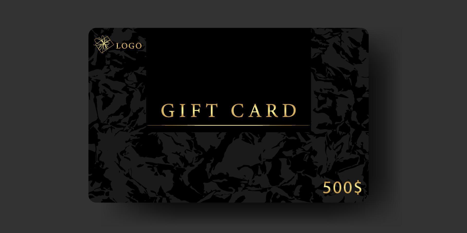 Luxury black gift card with grunge texture. Golden elements. Vector illustration, premium design.