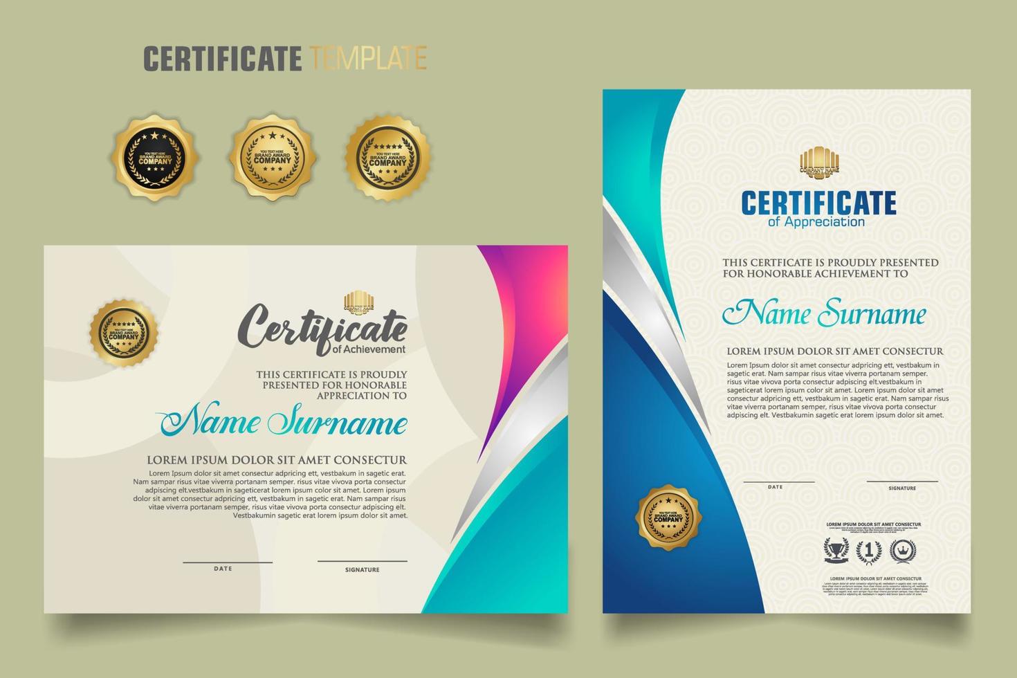 Modern certificate template with beautiful combination color on waving shape background vector