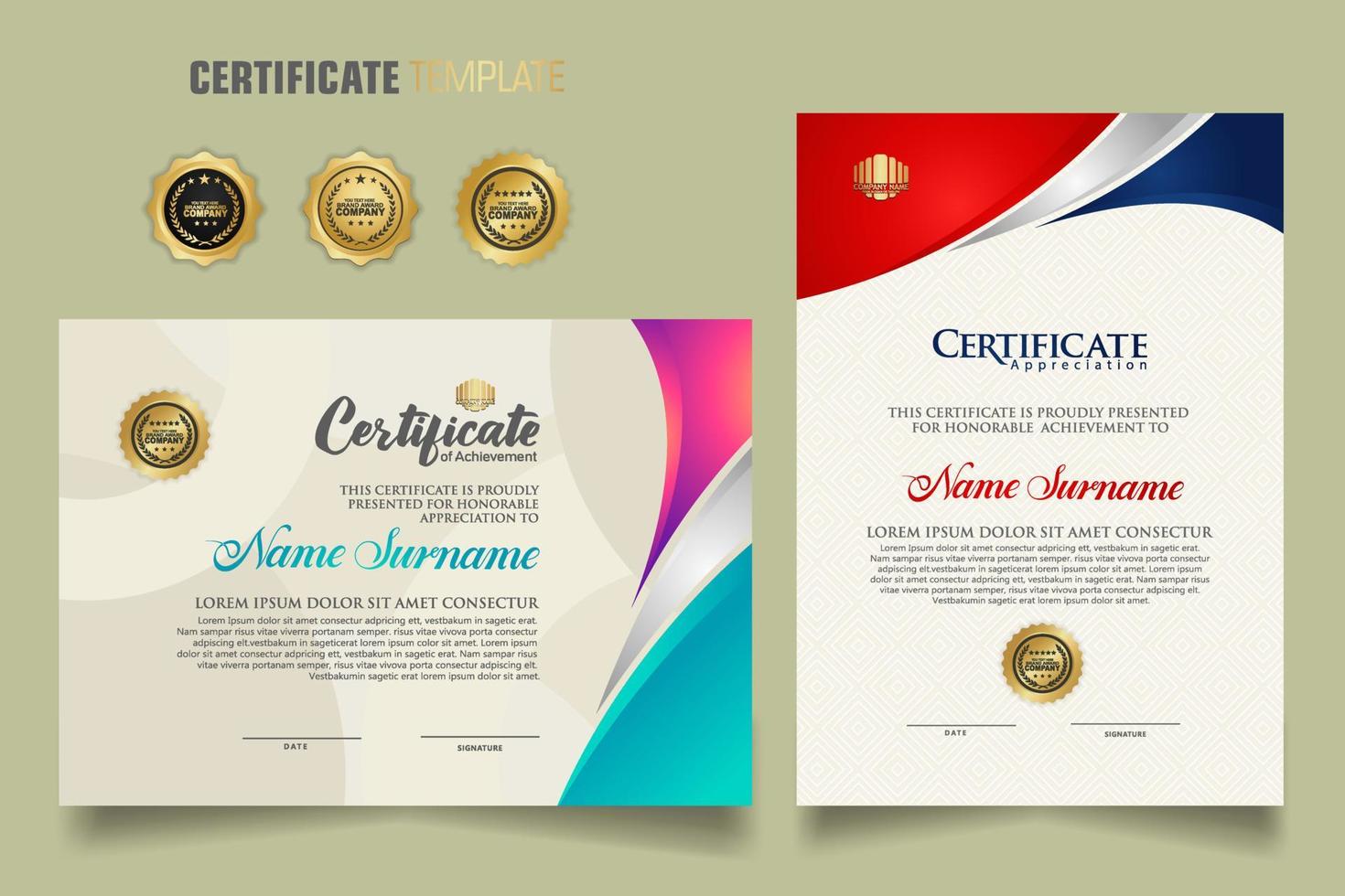 Modern certificate template with beautiful combination color on waving shape background vector