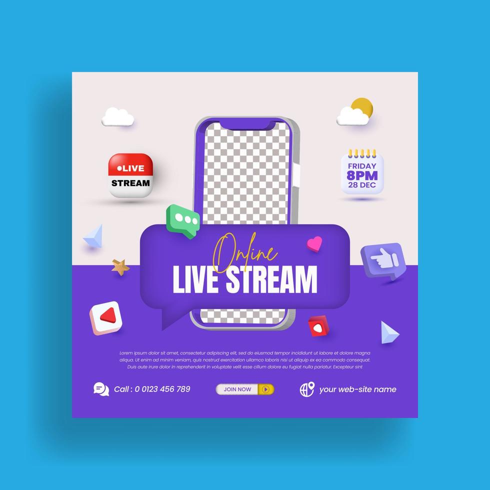 Seminario web en vivo de marketing digital y publicación en redes sociales corporativas o plantilla de banner con diseño moderno de póster o volante cuadrado de estilo 3d de transmisión en vivo vector