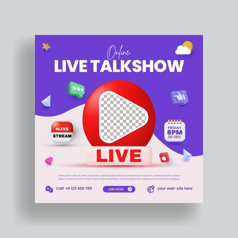 Digital marketing live webinar and corporate social media post or banner template with modern live streaming 3d style square flyer or poster design vector