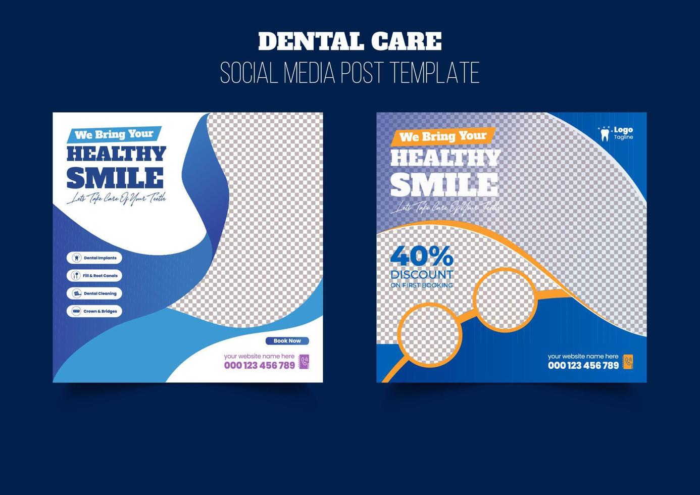 Dental care, medical health care Social media post banner template or promotional square flyer or web banner design vector