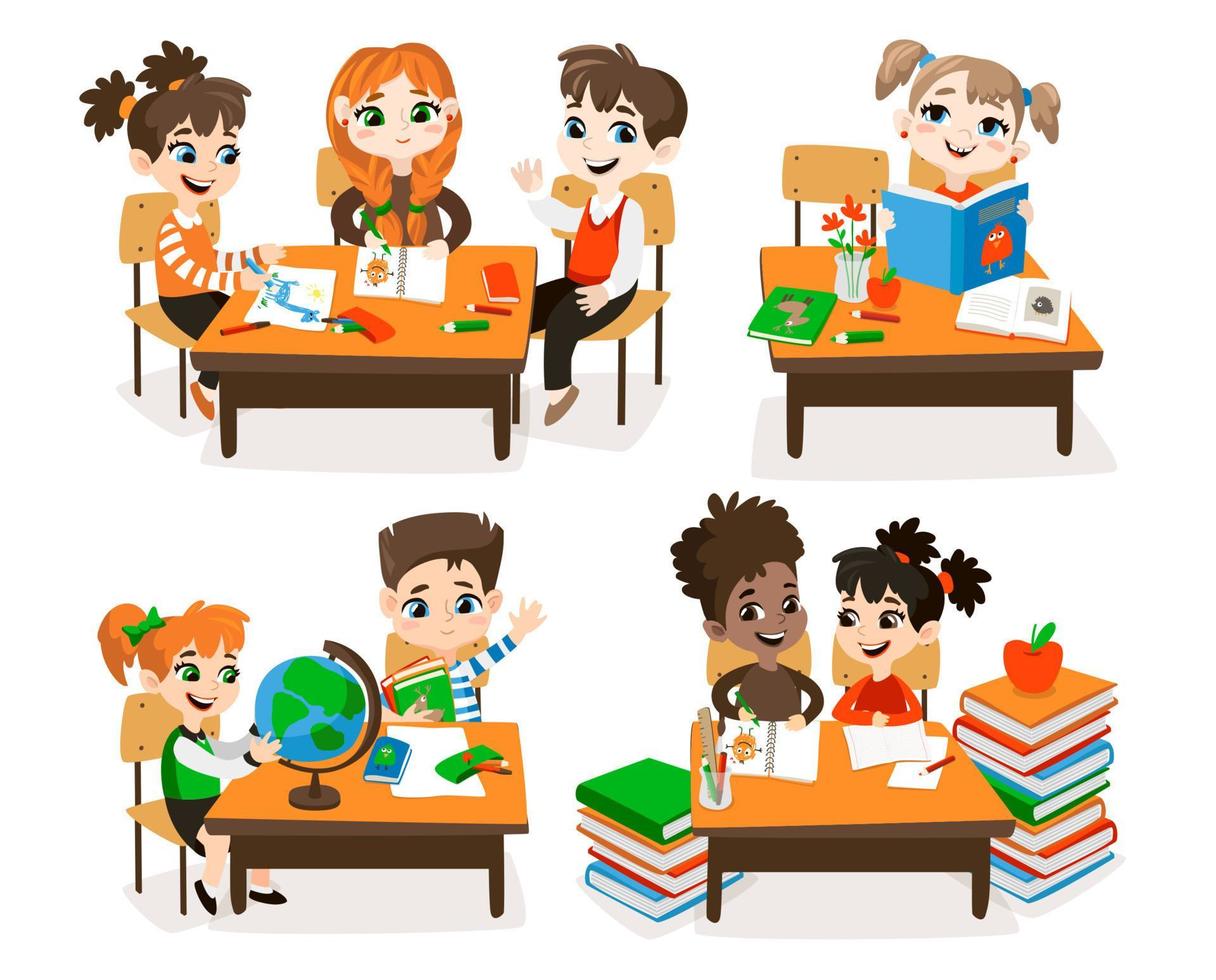 Back to school set with pupils. vector