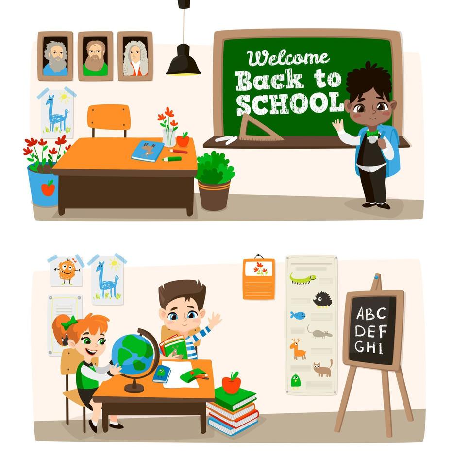 Back to school set with pupils. vector