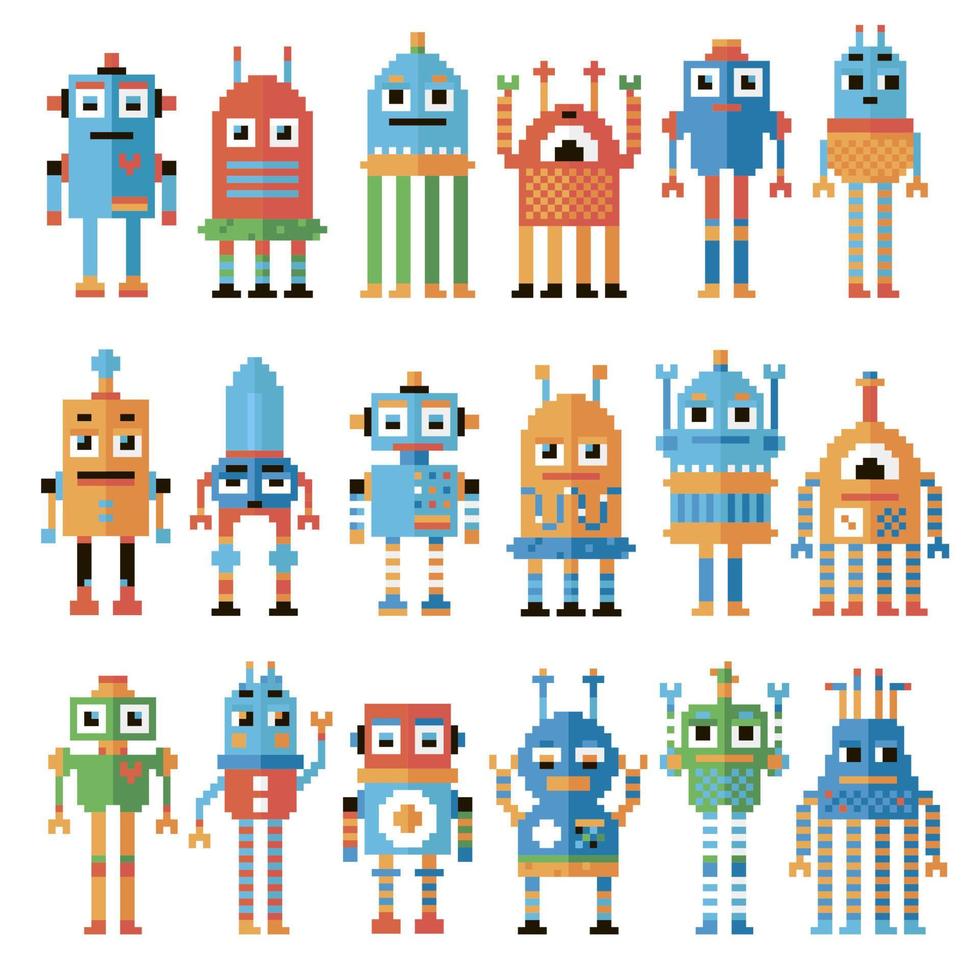 conjunto de robots de píxeles. vector