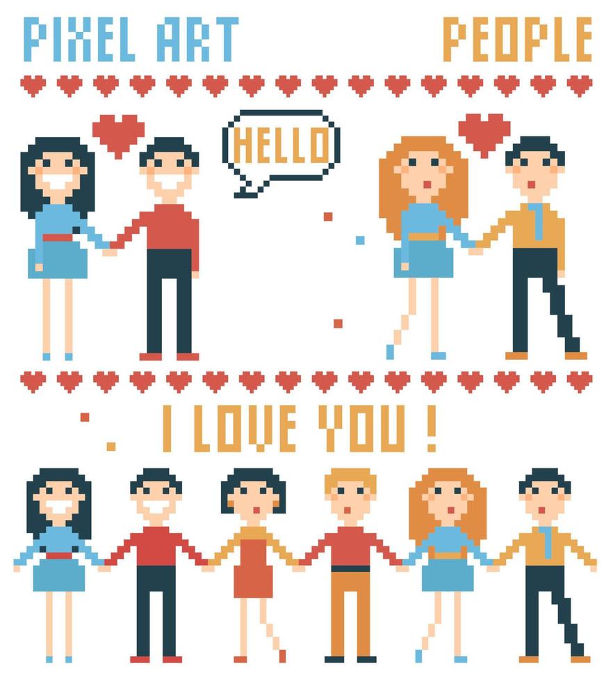 Set of pixel people, words, hearts. vector