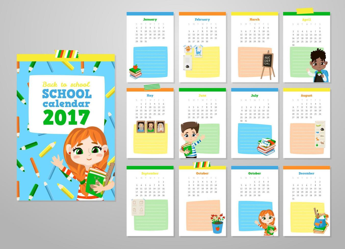 Back to school printable set with pupils. vector