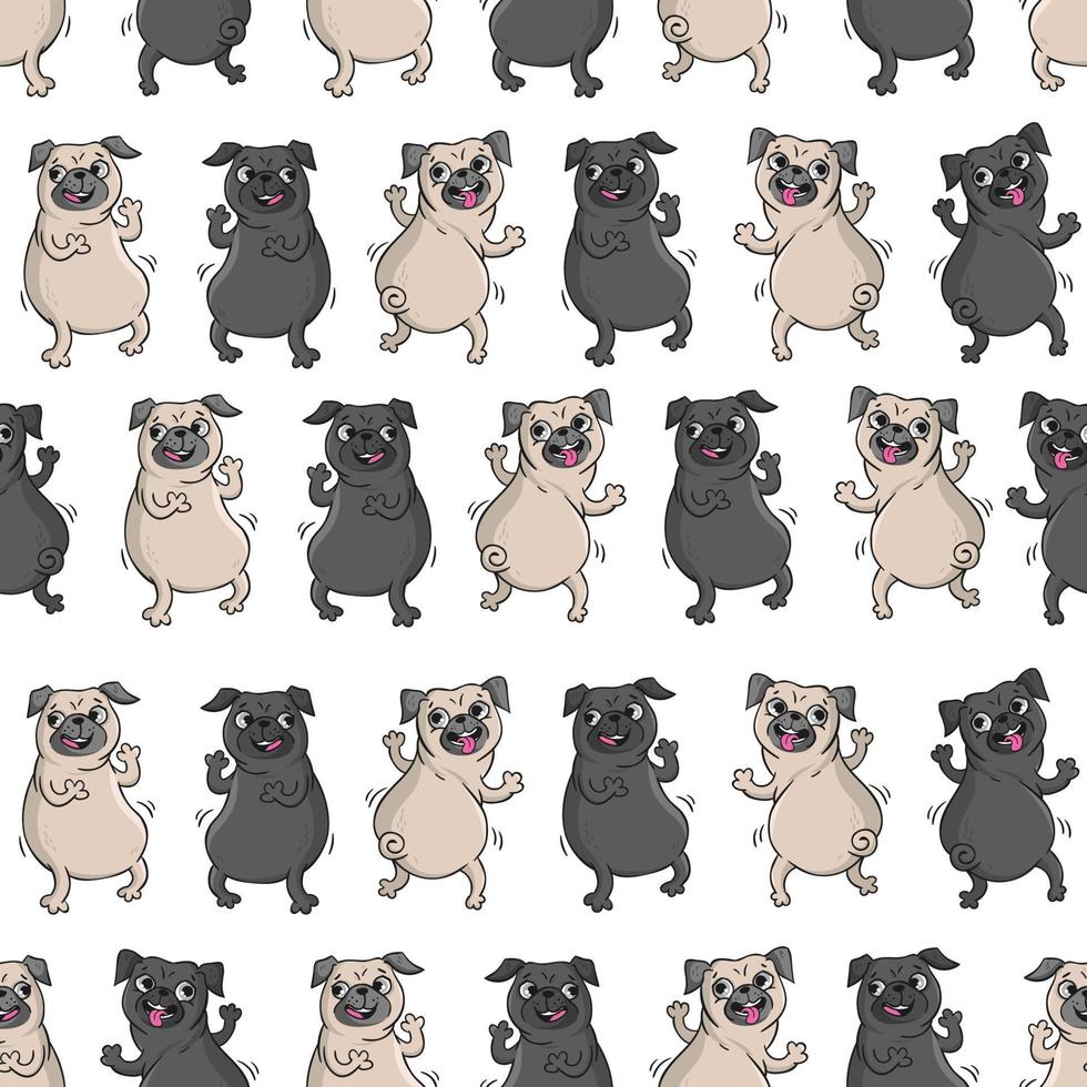 pugs bailando. patrón de vectores sin fisuras.